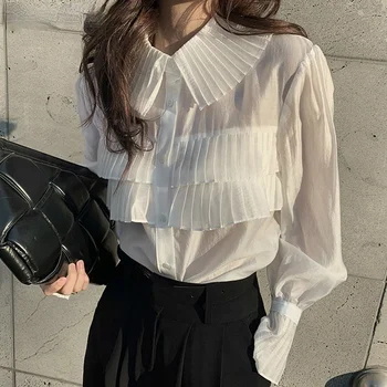 Elegant Koreansk Stil Shirts Ensfarvet Blusa Enkelt Breasted Langærmet Toppe Plisseret Design Turn Down Krave Bluse