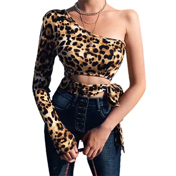 Kvinder Mode-Leopard Print-Toppe den Ene Skulder langærmet T-shirt til Sommeren Damer Skåret Ud Uafgjort Bandage Slank Top