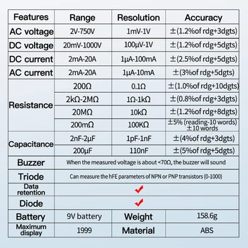AC/DC Digital Multimeter Transistor hFE Modstand Kapacitet Tester el-Værktøj 2000 Tæller Diode Meter Tester
