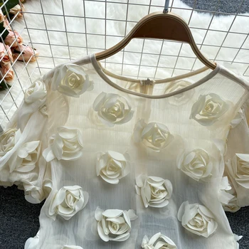 Søde Kvinder Perspektiv 3D Blomster Chiffon Bluse om Sommeren Vilde Tynd Roser Shirts Lace T-Shirts Puff Ærmer Crop Tops 2021 Blusas