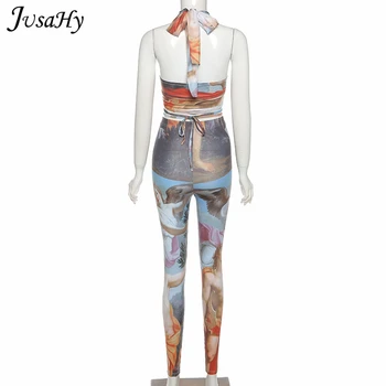 JusaHy Mønster Print To-Delt Sæt, Kvinder 2021 Sommeren Halterneck Ærmeløs Top Og Leggings Body-Shaping Streetwear Slank Hot Outfit