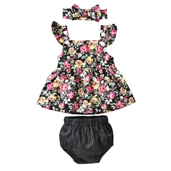 3Pcs Baby Pige Sommer Outfits, Ærmeløs Ruffle Blomster Crop Tops + Bloomer Shorts + Pandebånd Sæt