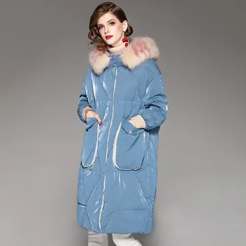 Nyeste vinteren kvinder temperament tykkere mode hooded pige duck ned frakke oversize mellemlang lang kvindelige pels krave dame overtøj