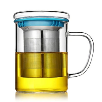 Glas Te Kop med Låg og Rustfrit Stål Infusionsenheden Kurv Perfekt Klart Te Krus 667B