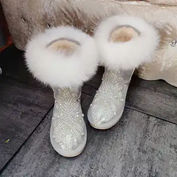 Vinter nye sølv midten af røret fox fur rhinestone læder sne støvler stropper bor bomuld sko til at holde varm og non-slip