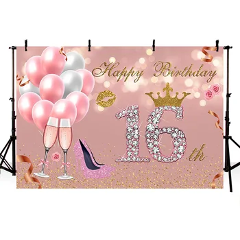 Mehofond Tillykke Med Fødselsdagen Baggrund Sweet 16 Pink Pige Ballon Crown Fotografering Studio Baggrund Photophone Photozone Indretning Rekvisitter