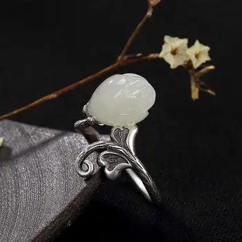 Nye S925 Sterling Sølv Natural Hetian Jade Hvid Jade Magnolia Vintage Fornemme Kreative Åbning Matteret Kvindelige Mode Ring