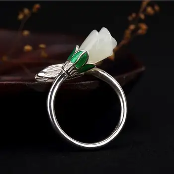 S925 Sterling Sølv Hetian Jade Cloisonne Blomst Indlagt Ring Hvid Jade Åbne Kvindelige Ring Hvid Magnolia Sølv Ring