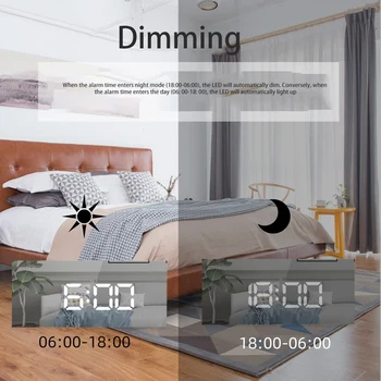 Vækkeur Med USB-Oplader til Soveværelse, Lille Seng, Digitalt Ur LED-Spejl 12/24H Temperatur Snooze-Skærm