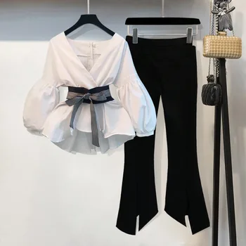 Lanterne Ærmet Bluse Shirt Kvinder 2021 Mode koreansk Stil Sommeren Bue V-hals Stribet t-Shirt, Elegante Damer Toppe Kvinde Tøj