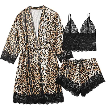 Leopard Print Pyjamas Sæt Plus Size Sexet Undertøj Kvinder Silke Stribe Robe Satin Morgenkåbe Nattøj, Pyjamas Komplet Pizamy
