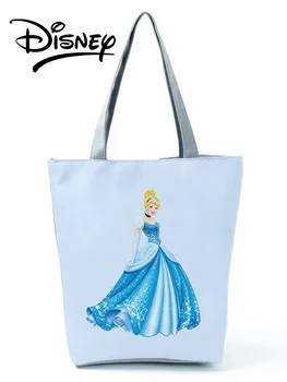 Disney Princess Trykt Håndtaske Pige Bærbare Skuldertaske Af Polyester Kvinder Shopping Taske Askepot Opbevaringspose Rejser Strandtaske