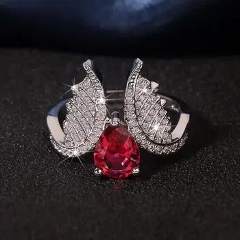 Høj Kvalitet S925 Sølv Ring Fashion Fløj Form Rød Krystal Engagement Ring Damer Romantisk Luksus Smykker Gave Gratis Fragt