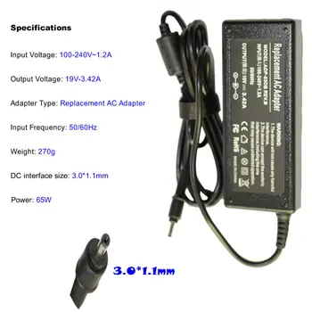 Udskiftning 19V 3.42 EN 3.0*1.1 MM 65W For Acer W700 W700P S3 S5 S7 Universal Notebook Bærbar AC Oplader Power Adapter