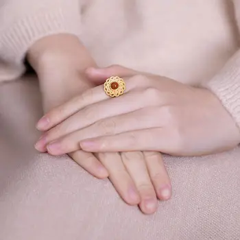 S925 Sterling Sølv Sydlige Rød Agat Ring Atmosfæriske Hule Guld-Blomst Ring Ornament for Kvinder