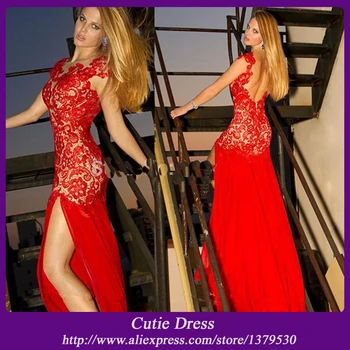 Gratis forsendelse Sexet Ryg røde løber kjoler, Blonder Prom dress 2019 Chiffon Side Slids lang havfrue prom kjole tilpasset de Vestidos