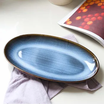 FANCITY Husstand dampet fisk skål Japansk kommercielle restaurant kreative personlighed ovnen blev blå skål oval keramisk fad