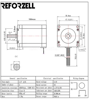 Nema 23 stepmotor 8mm Aksel Højt Drejningsmoment 100 mm lang og 2,5 N. m for CNC Laser-og 3D-Printer