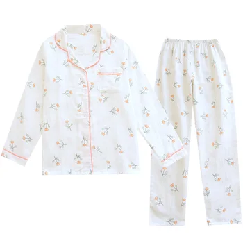 Dobbelt lag gaze pyjamas kvinder er smukke i foråret og sommeren kan bære cardigan med lange ærmer, der passer krave bomulds-gaze i stor størrelse
