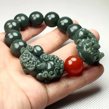 Zheru Smykker Naturlige Hetian Jade Mørk Grøn Rund Perle Dobbelt Beast Armbånd Mænds og Kvinders Smykker Bedste Gave