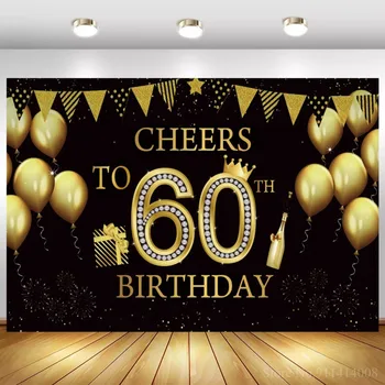 Glade 60 50 års Fødselsdag, Tema Fest Guld Glitter Balloner Champagne Baggrund For Fotografering Sort Baggrund Congraduation