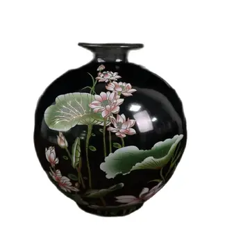 Kinesisk Gamle Porcelæn Granatæble Flaske Med Sort Guld Glasur Og Pink Blomster Mønster