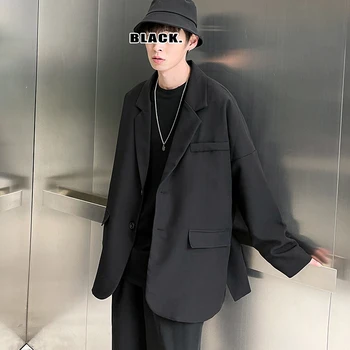 YASUGUOJI Nye 2021 Mænd Solid Black Blazere Enkelt Breasted koreanske Smarte Afslappet Oversize Herre Outwear Lommer Ins Simpel Løs BF
