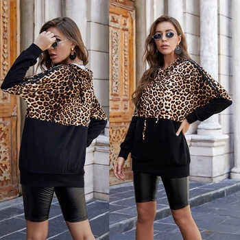 Kvinder Snor Hættetrøjer Farve Blok Leopard Tunika Toppe I 2020 Efteråret Lange Ærmer Med Striber Casual Løs Pullover Streetwear