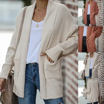 Kvinder frakke Plus Size 2020 Efteråret Solid farve Casual Kontor damer langærmet Outwear Medium Slank Cardigan Med Lommer