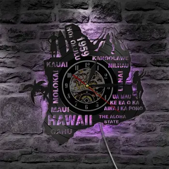 Aloha Staten Hawaii Vinylplade Vægur Molokai Kauai Kahoolawe Nilhau Hawaii Led-Væg Lys Se Vintage Væg Kunst
