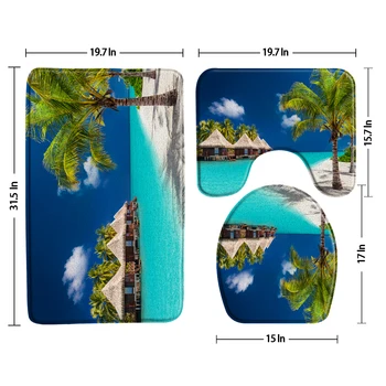Beach Palm Tree House Bademåtter 3 Stk Badeværelse Tæppe Sæt Non-Slip Maldiverne Havudsigt Natur Badekar Indretning Toilet Dække U-Formet Pad