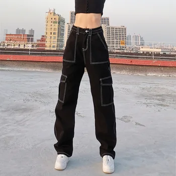 Hot Lommer Patchwork Baggy Jeans Fashion Streetwear Bomuld Kvinder Denim Buks Løs Cargo Bukser Koreanske Jeans Harajuku