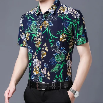 Kort Blomstret Ærme t-Shirts til Mænd-Knappen op Slim Fit Printet Skjorte Sommeren Casual Business Mænd Tøj Turn Down Krave Camisas
