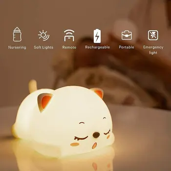 Katten LED Nat Lys Touch Sensor Farverig Tegneserie Silikone USB-Genopladelige Soveværelse sengelampe for Børn Baby Gave
