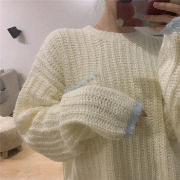 Koreanere Sweater Kvinder Dejlig Lomme Design Smarte Ulzzang Enkel Preppy Piger Strik Alle-match Populære Trendy Løs Streetwears