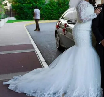 Gratis forsendelse skræddersyede applikationer Kniplinger havfrue med langærmet brudekjole 2019 nye kjoler til brudens mor