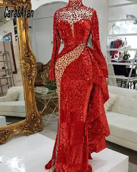 Robe de Aftenselskab Femme Red Aften Kjoler, Lange Ærmer Med Høj Hals Havfrue Prom Dress 2021 Vestidos De La Celebridad