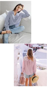 Donsignet Mode Kvinders Bluse med V-hals Pullover Stribet butterfly langærmet Lace Shirt Fuld Casual Dame Bluser Plus Størrelse