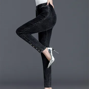 2021 Foråret Efteråret Overdimensioneret Sort Stretch Denim Jeans Kvinder Casual Bukser med Elastisk Talje Blyant Bukser Plus Størrelse 4XL-8XL KW1104