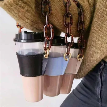 PFashionable Praktisk U Læder Bærbare Glas Kopholder Aftagelig Kæde Kop Kaffe Ydre Emballage Læder Taske På Lager