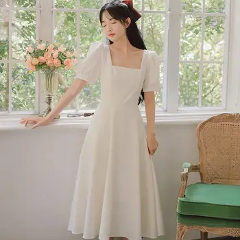 Hvid Casual Kjoler Til Kvinder Kortærmet Firkantet Krave Elegante Midi Kjole Kjole Koreanske Kontor Dame 2021 Sommeren Kvinde Tøj