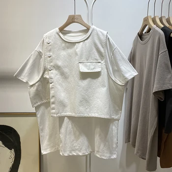 Sommer Cool Uregelmæssige Vest Skjorte To-delt Sæt Kvinders Western Style Stå Krave, Korte Ærmer Shirt Tøj Toppe Harajuku