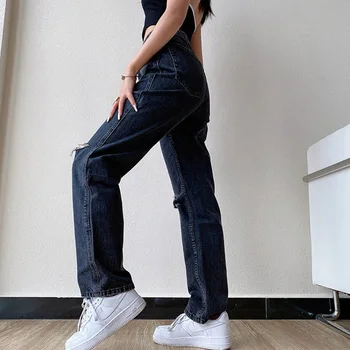 2021 damer Europæiske og Amerikanske kvinders jeans, casual-wide-ben vask med vand rippet mid-rise jeans kvinder