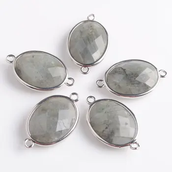 WOJIAER Sølv-farve Double Hole Oval Facetslebet natursten Perle Labradoirte Perler til gør det selv-Stik Håndlavede Smykker PZ9042