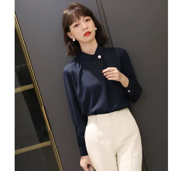 Chiffon skjorte med lange ærmer 2021 nye kvinder foråret tøj koreanske ol temperament krave top professionel chiffon skjorte