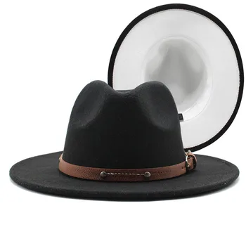Mode Uld Filt Fedoras Hat Kvinder Elegante Fedora Med Læder Wide Brim Jazz Panama Cap Mænd Dobbeltsidet Patchwork Trilby Cap