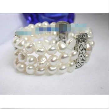 Gratis forsendelse Ægte! 3S elastisk stor barok hvide perler armbånd @^Ædel stil Naturlige