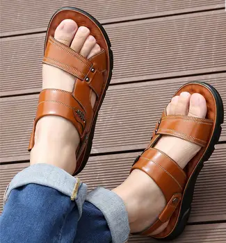 Behagelige bløde læder sko mænd tøfler sommeren 2021 lejligheder plus size casual sandaler mand sko dropshipping