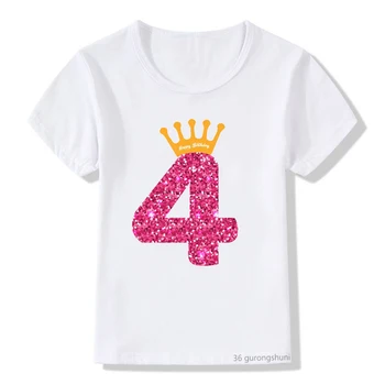 Nyligt kids t-shirt sød 4-12 queens krage happy birthday girl print t-shirts til piger/drenge, kids fødselsdag tøj shirt toppe