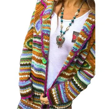 Kvinders Trøjer&Jumpere Vintage Stribet Trykt Cardigan-Oversized Strik langærmet Sweater Kvindelige Efteråret Strik Toppe